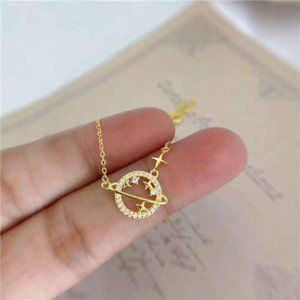 Gold Plated Sterling Silver Crystal Saturn Star Pendant Necklace